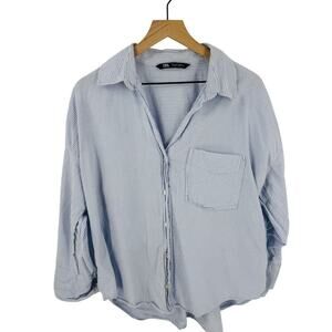 Zara Striped Button Down Shirt Blue White Cotton Relaxed Fit Collared Size L